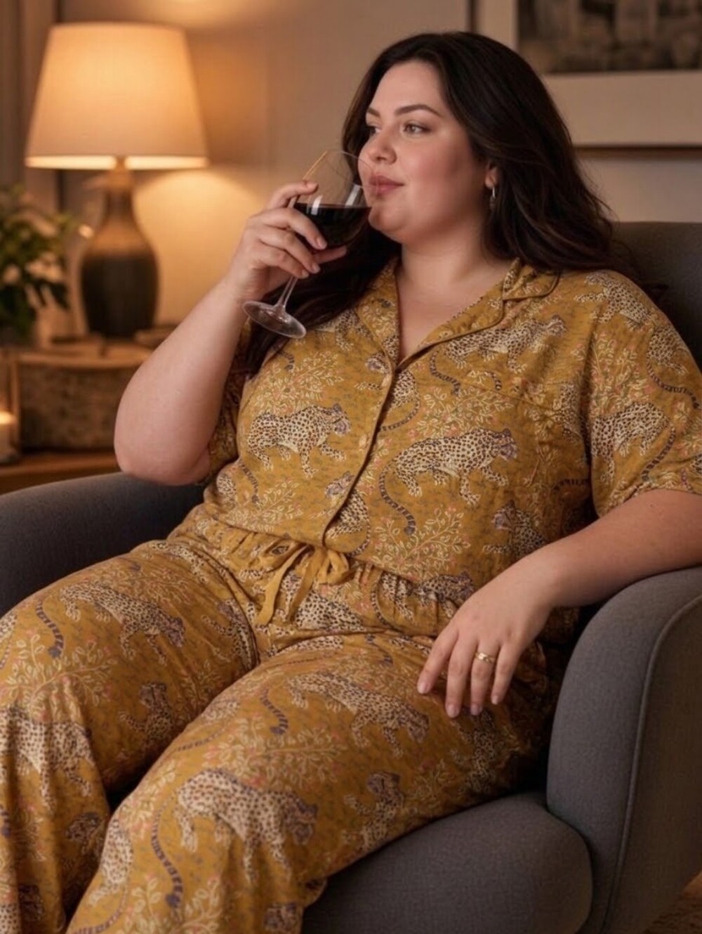 Printfresh Gold Leopard Bagheera Button Down Pajamas Set , Size 1X